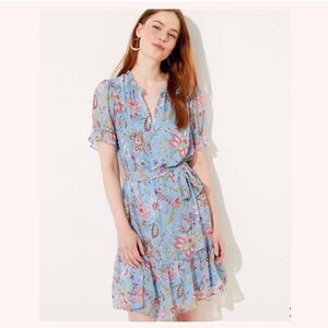Loft Floral garden  Blue midi short sleeve Dress summer sundress sz XL